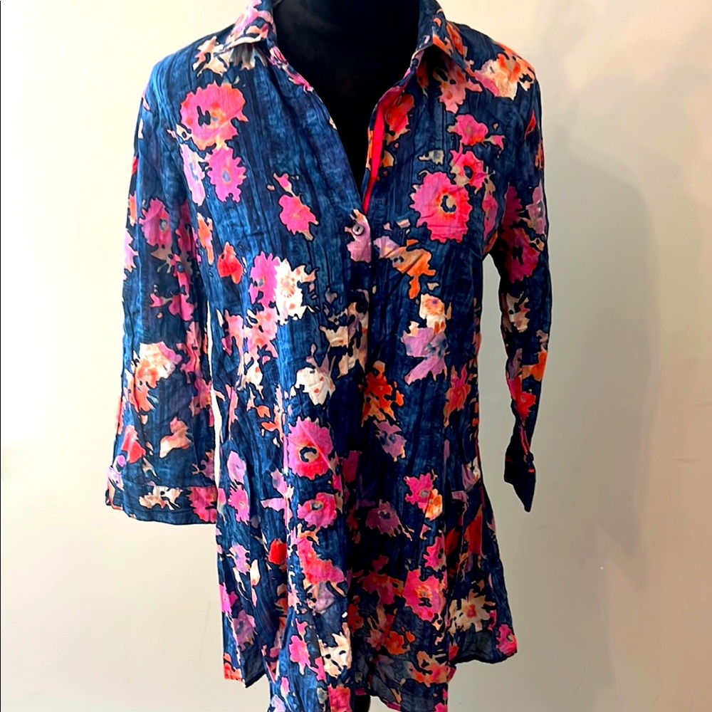 Navy Floral Button beach cover up